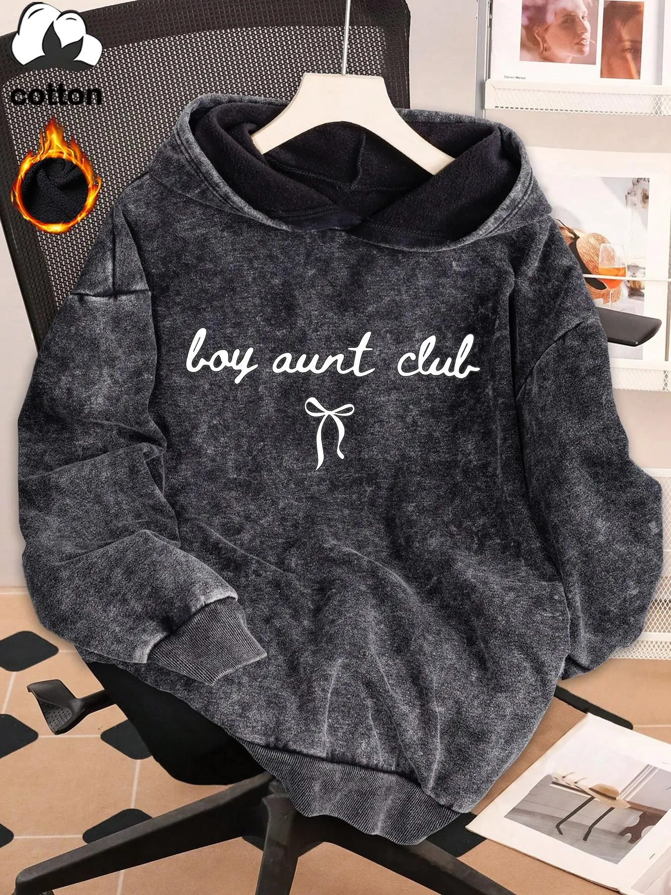 Boy Aunt Club Bow Graphic Hoodie Women Acid Washed Fleece Lined Oversized Pullover Sweatshirt Cute Aunt Gift Winter Warm Hooded Top