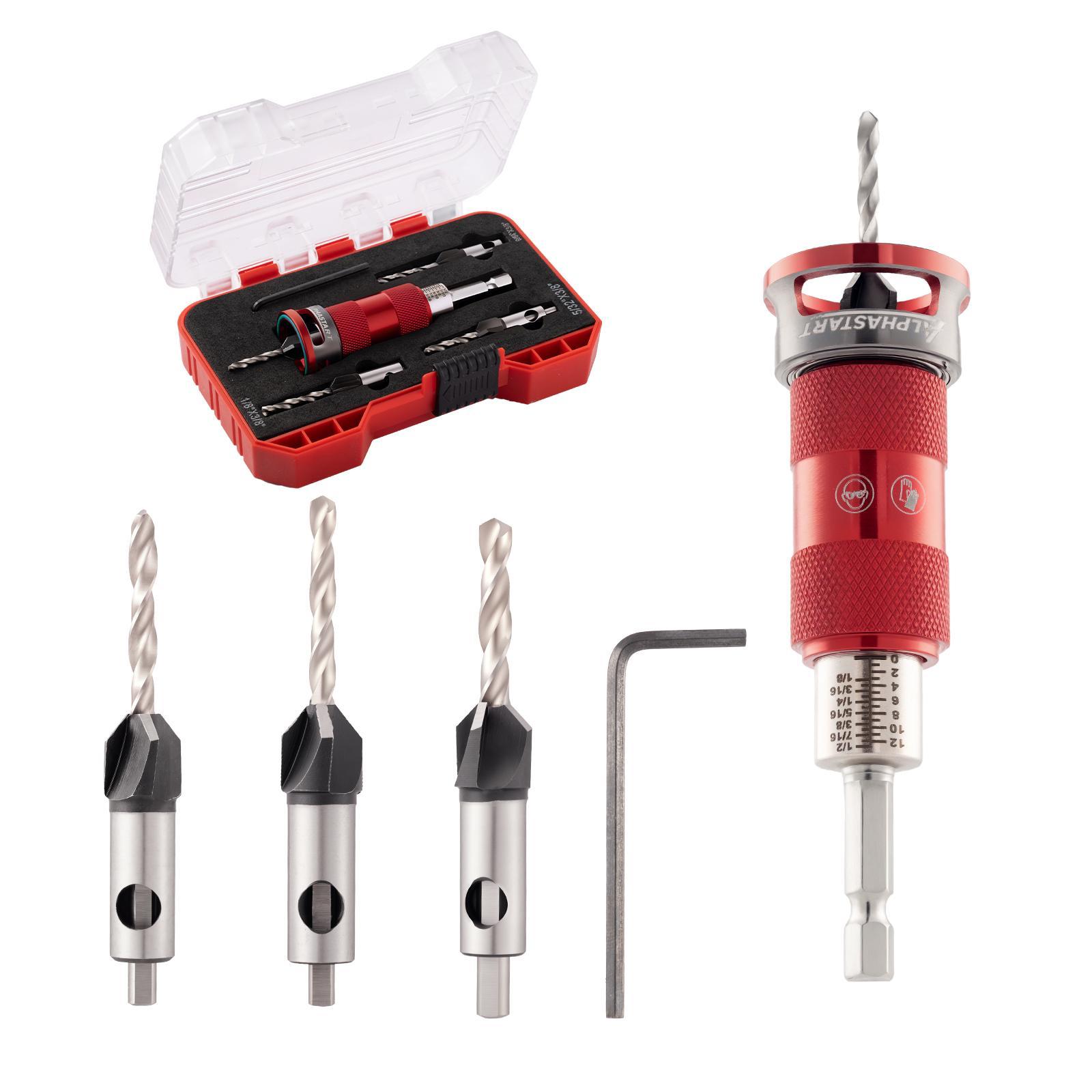 ALPHASTART 4PCS HCS (High Carbon Steel) 4-Blade Countersink Drill Bit Set with Adjustable Depth Stop, L-Shape Wrench, Work Tools for Precision Drilling, Suitable for Wood and Plastic, Tool Included for Drilling in Wood and Plastic ALPHASTART 4PCS HCS (High Carbon Steel) 4-Blade Countersink Drill Bit Set with Adjustable Depth Stop, L-Shape Wrench, Work Tools for Precision Drilling, Suitable for Wood and Plastic, Tool Included for Drilling in Wood and Plastic