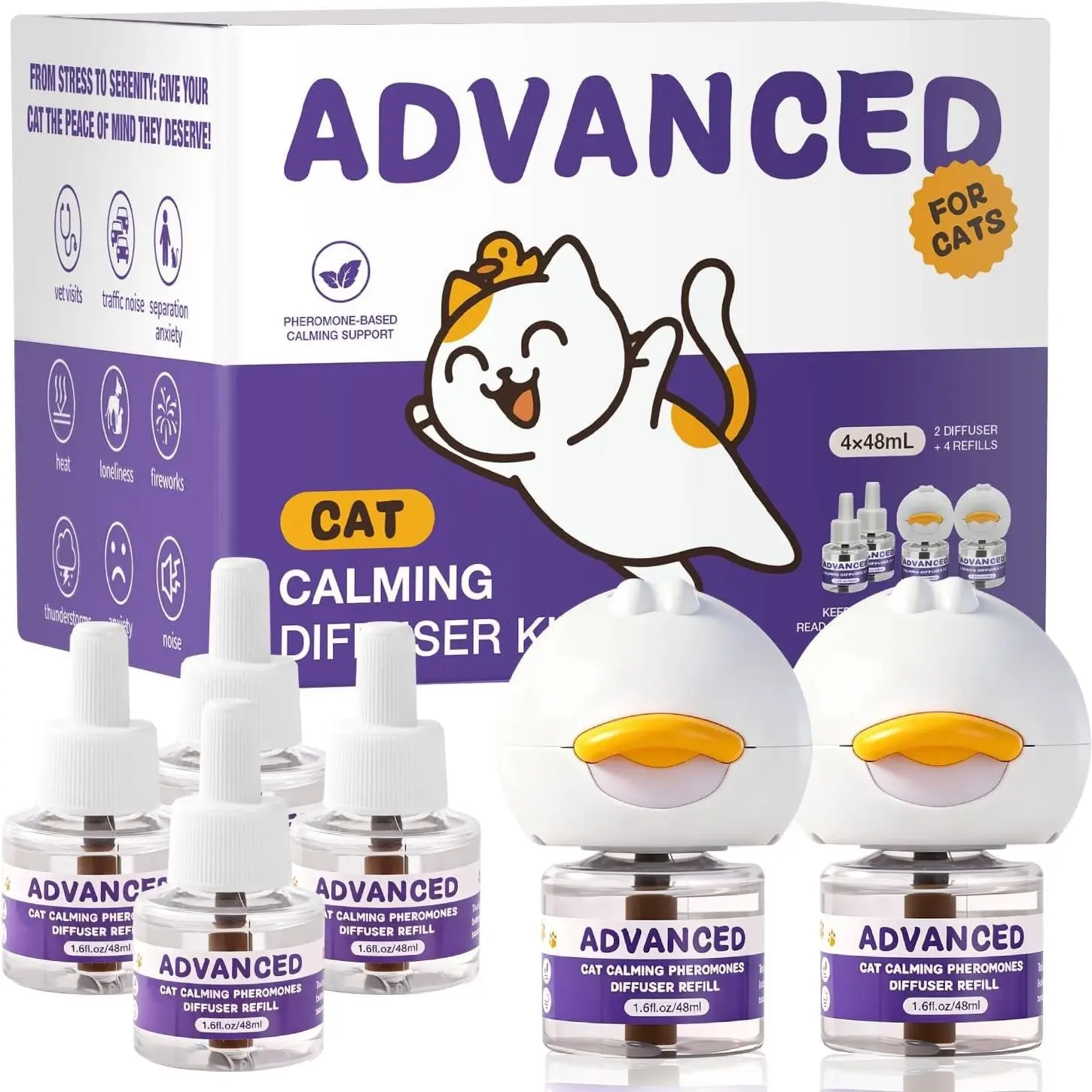 Cat Calming Diffuser Kit with 2 Diffusers & 4 Refills (48mL Each), Pheromone Diffuser for Cat Anxiety Relief, Stress Reduction & Behavior Support, 30-Day Refills, Suitable for All Cats(Gift)