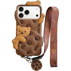 Case for iPhone 17 Pro Max with Strap Lanyard Keychain Cute Bear Cookie Kawaii Funny Soft Silicone Shockproof Protective Cover for Women Girls