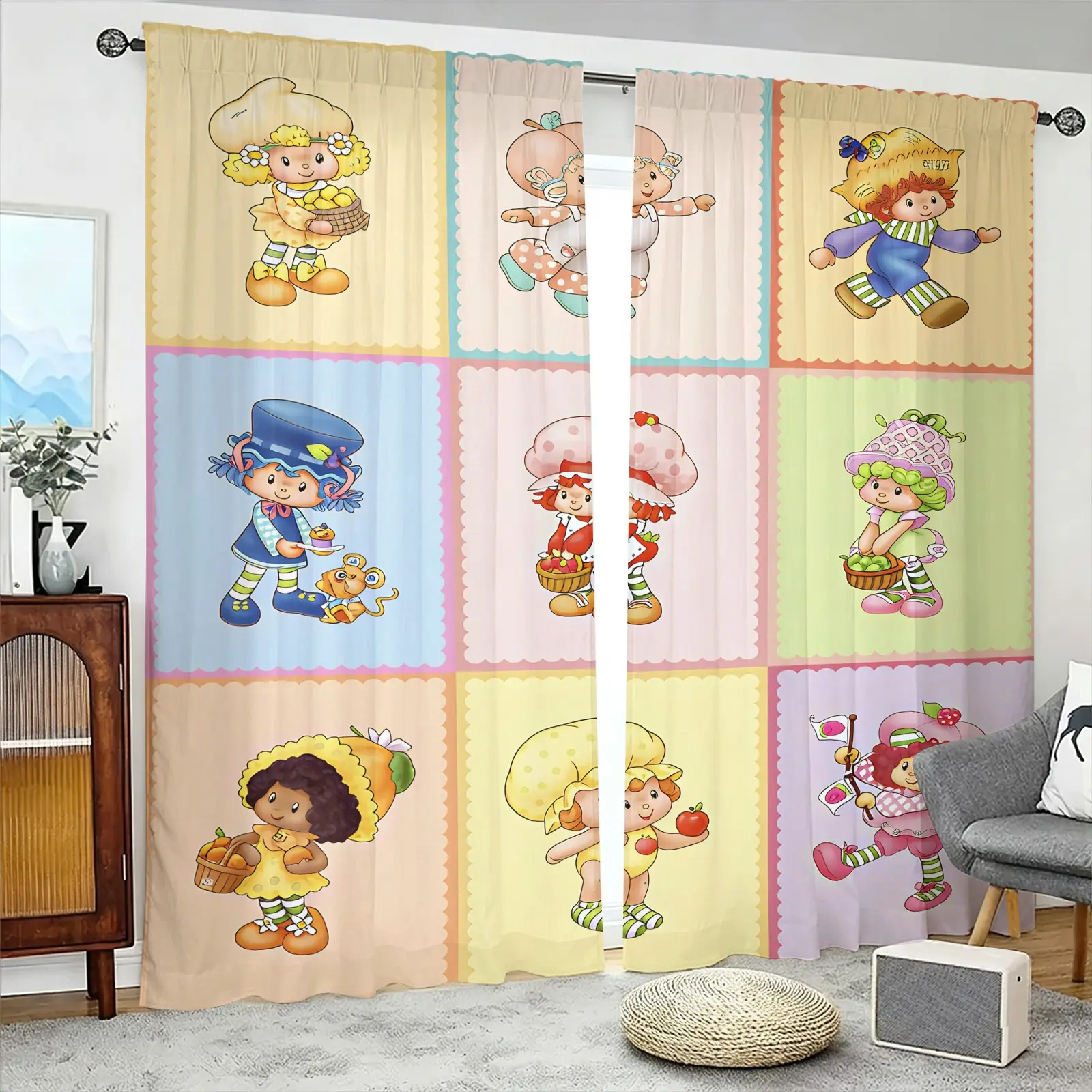 American Vintage Strawberry Heart Nine-Grid Macaron Color Cartoon Curtains-No Drilling Rod Pocket Design-Privacy Decorative Drape-Kids Room/Girls Room/Retro Cartoon Lovers Bedroom Decoration