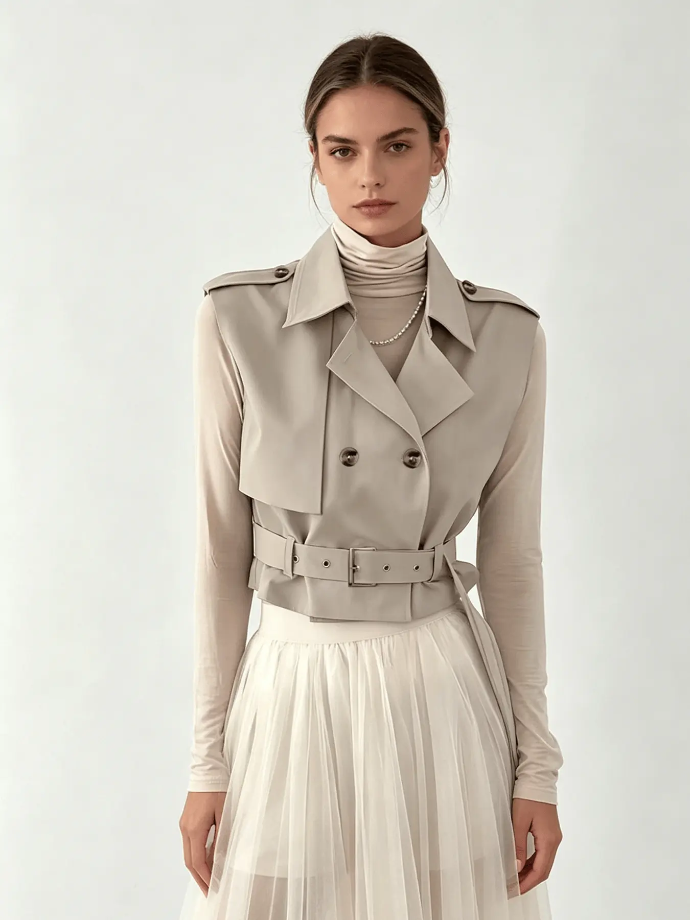 A women's fashionable khaki double breasted waist cinched windbreaker vest with a tailored silhouette, suitable for commuting, outdoor play, indoor and outdoor wear, Plain Waistcoat