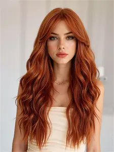 Ginger Long Wavy Fiber Wig, 24 Inches Heat Resistant with Bangs, Natural Hair Look for Daily, Festive, Halloween Use, Synthetic Wigs