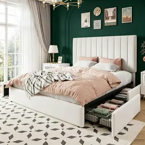 Velvet Storage Platform Bed, Vertical Tufted Adjustable Headboard, 4 Underbed Drawers, Full Queen King White Frame