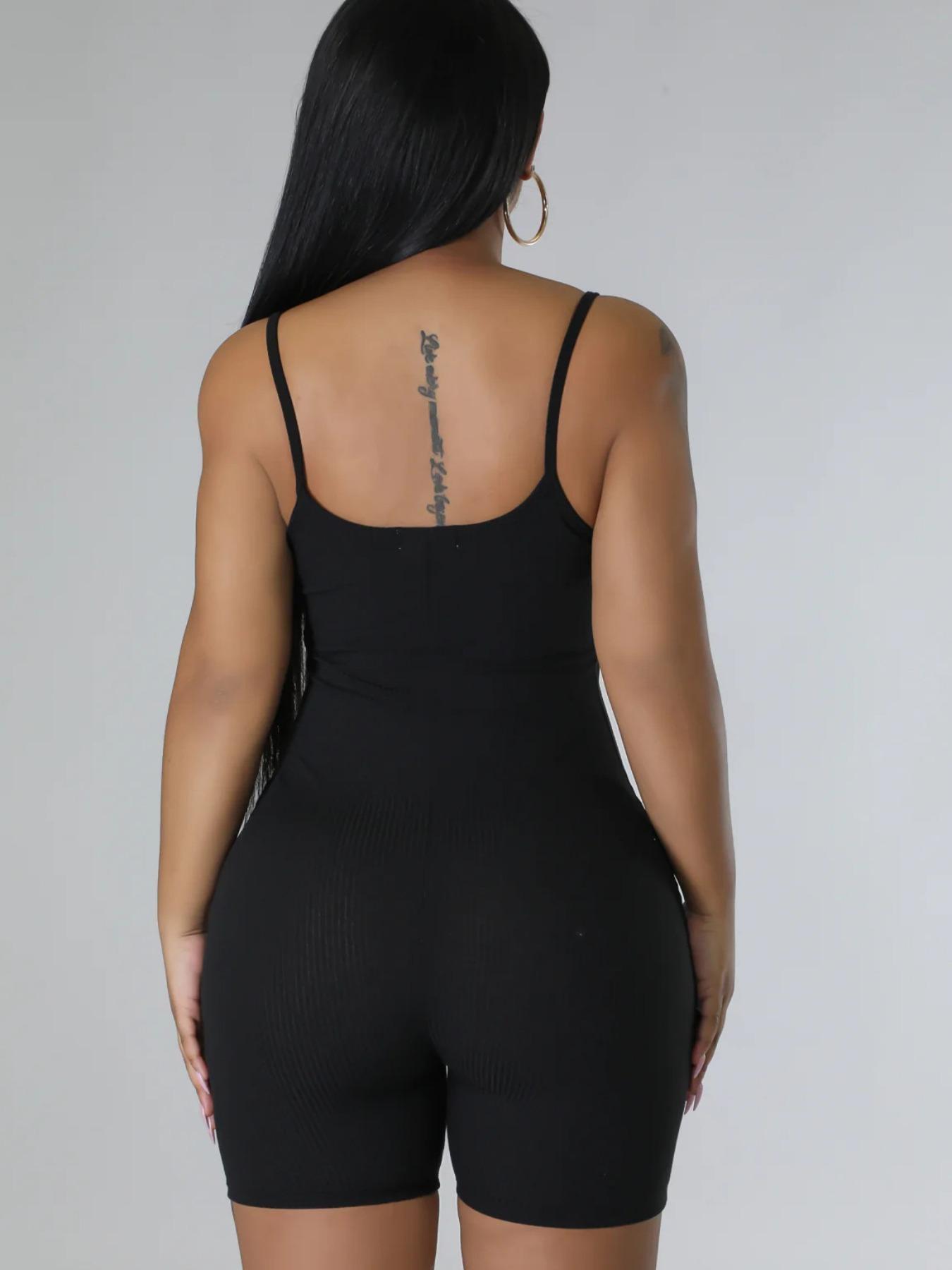 Women's Solid Color / Heart Print Notched Neck Cami Ribbed Romper, Casual Basic Spaghetti Strap Sleeveless High Waist Skinny Romper for Summer, Ladies Clothes for Daily Wear