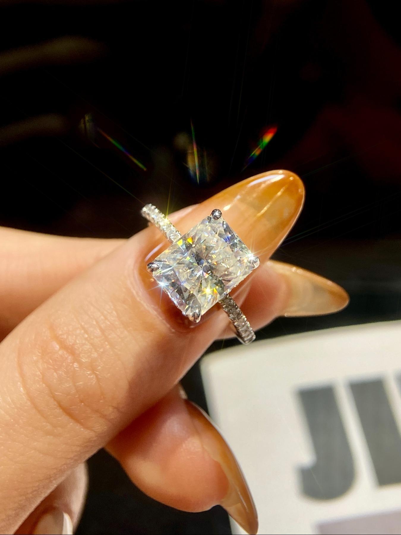 S925 Sterling Silver Synthetic Moissanite Engagement Ring,  Rectangle Shaped Ring, Fine Jewelry for Women, Anniversary Gift