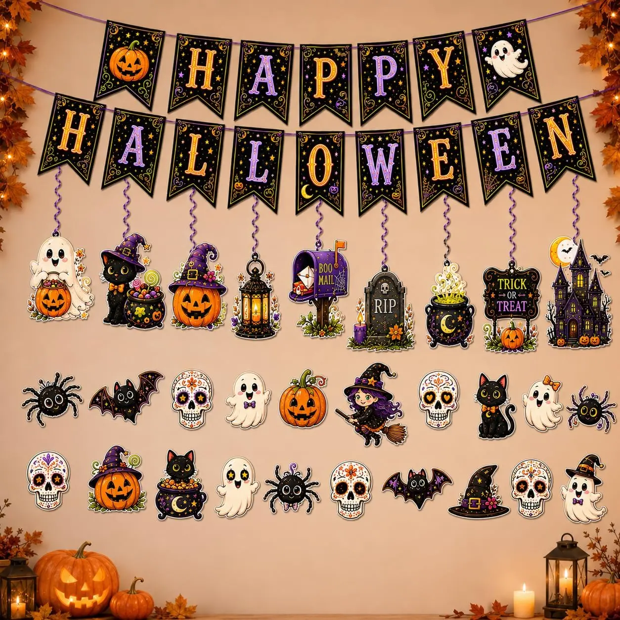 Halloween Party Decors Indoor Outdoor Set for  Office | Happy Halloween Banner with Halloween Cutout Decorations Spiral  Decorations Trick or  Party Decor