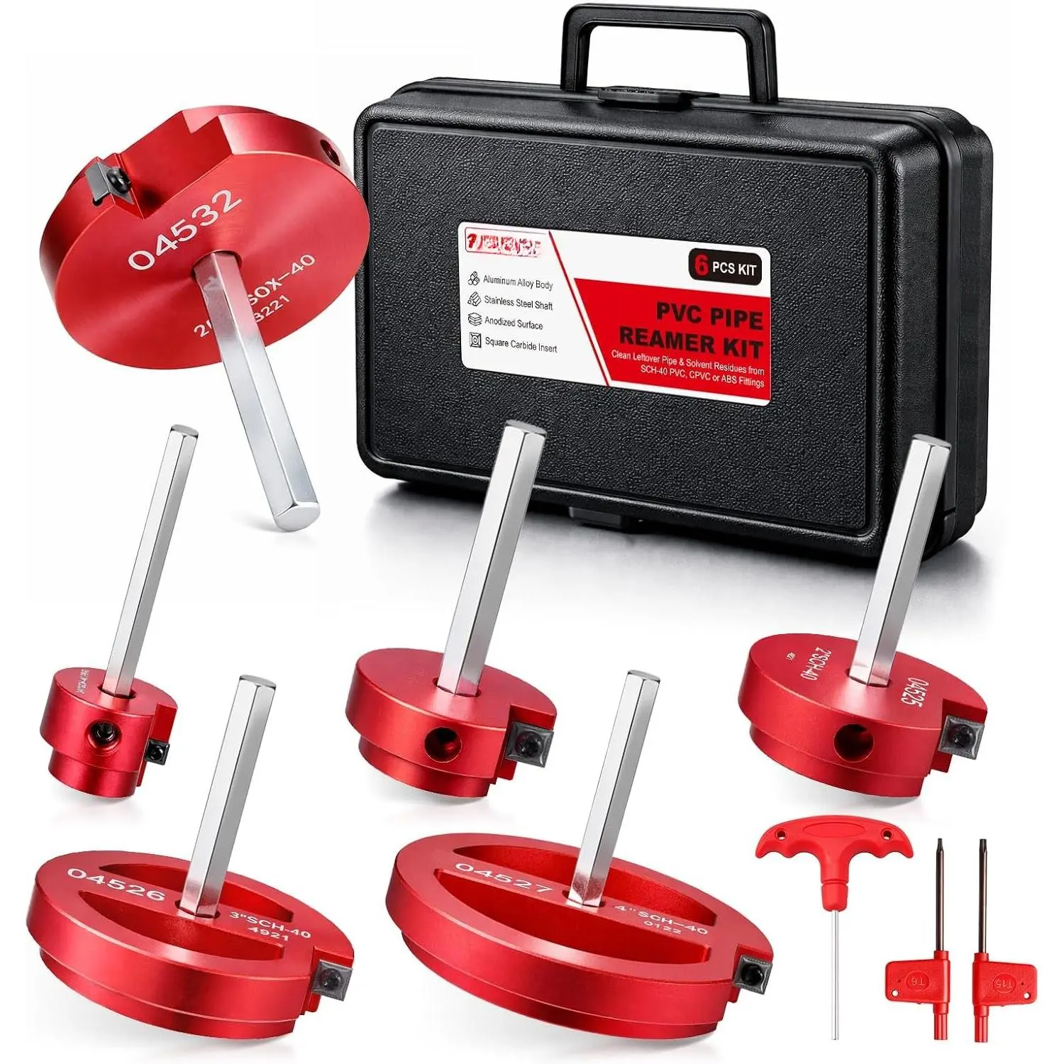 6 count PVC Pipe Reamer Kit, Durable  PVC Fitting Saver for Sch.40 CPVC, ABS, Lightweight Socket Hub Saver Includes 3/4", 1", 1-1/2", 2", 3", 4", Plumbing Tool Fits Standard 1/2" Drill