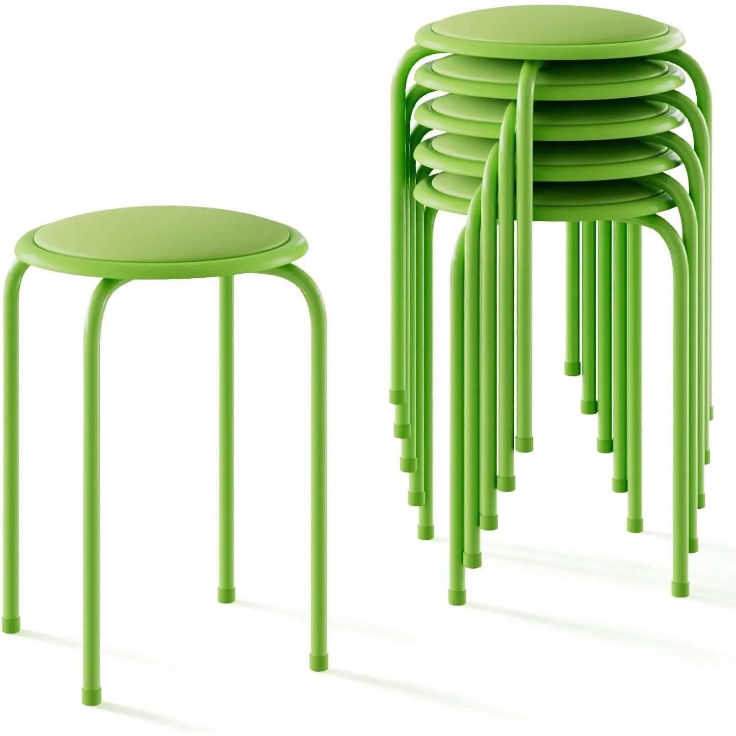 6-Piece Stacking Stools, 17 Inch Standard Height, Padded Seat & Steel Legs, Portable Stackable Decoration Stools for School Classroom and Office Use, Green