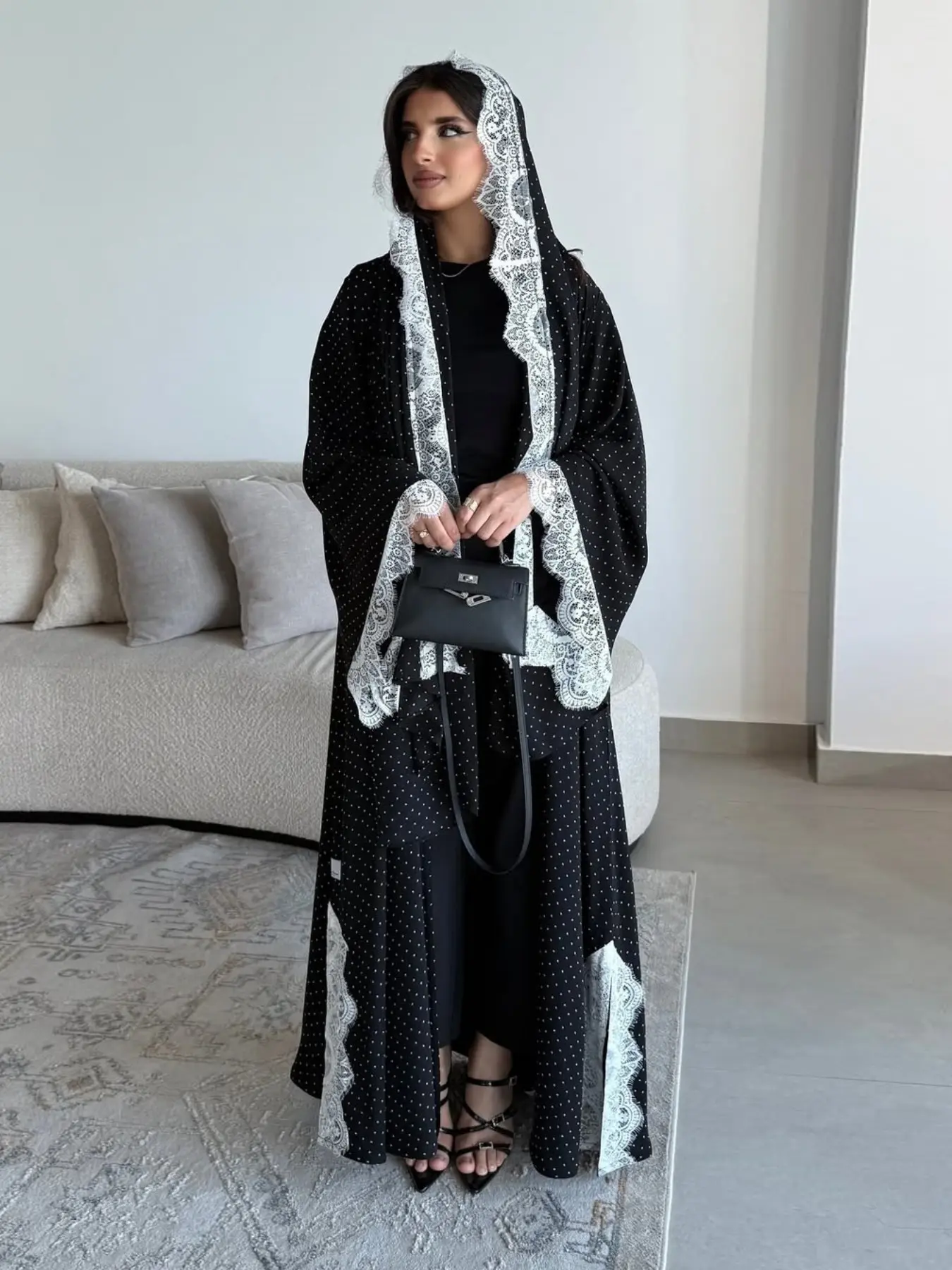 New Muslim Women's Long Robe, Loose Fit, Includes Headscarf, Polka Dot, Lace Design, Split, Two-Piece Set, Casual Daily Wear, Elegant Islamic Clothing, Abaya Hijab Set, Islamic Modesty Clothes