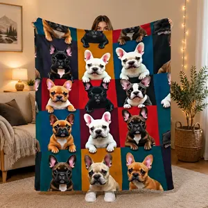 French Bulldog Patchwork Flannel Blanket, 280GSM Ultra Soft Multicolor Frenchie Throw for Couch Bed Travel & Dog Lover Gift