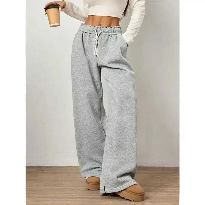 Grey Foldover Waistband Drawstring Tie Up Slant Pockets Straight Leg Casual Street Style Women Long Baggy Sweatpants Trouser Polyester