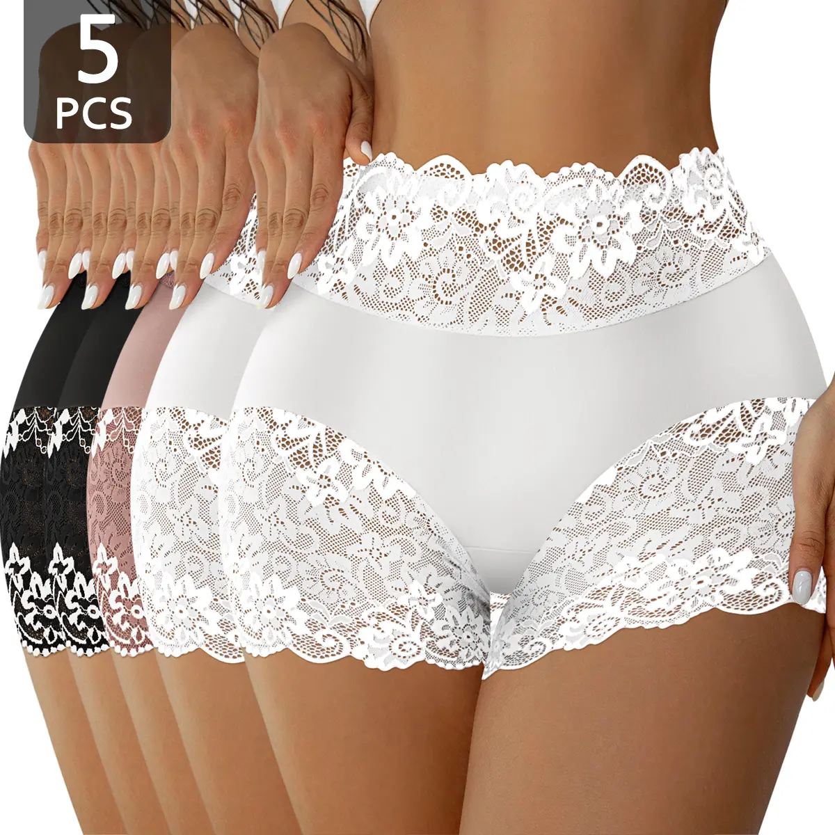 QUASTI 5 Pack High Waisted Lace Boxer Briefs for Women, Soft Stretch No Show Seamless Basic Underwear, Skin-Friendly Lightweight Elegant Daily Panties, S-XXL Clothes Womenswear