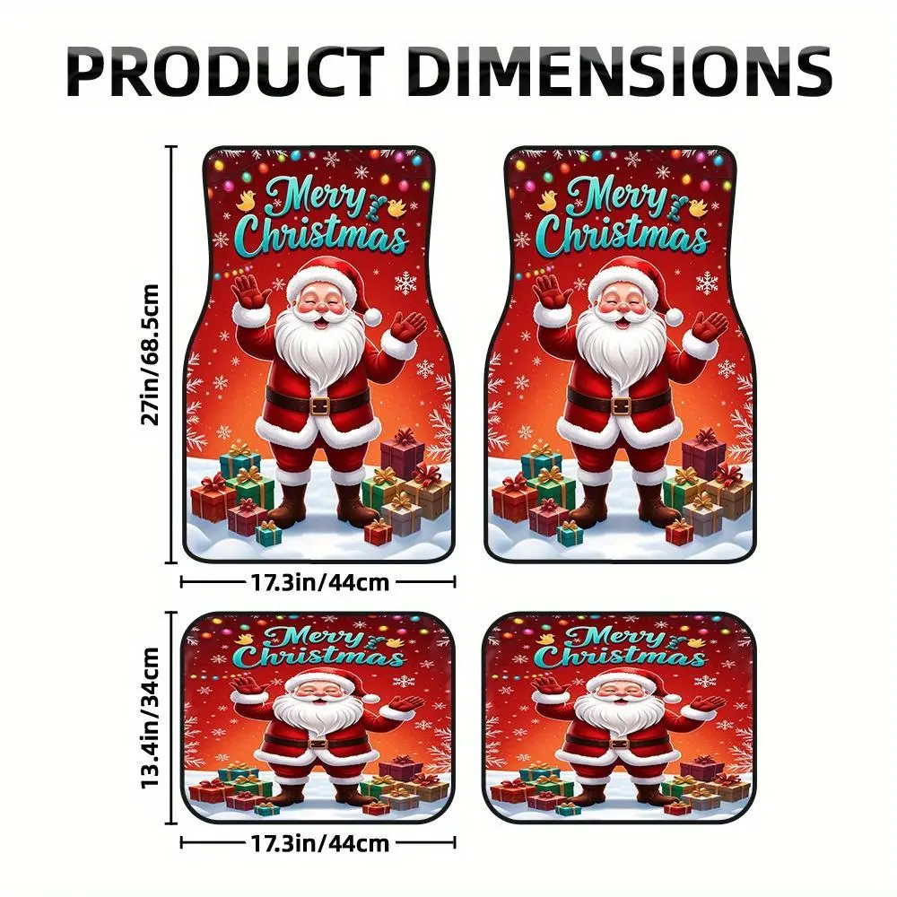 4pcs Car Mats highlighting Santa Claus Festive Scene Design for Minivans or Crossovers, offering Easy Maintenance surfaces and Gift for Family or Friends possibilities, while also suitable for Commuting and Interior Decoration.