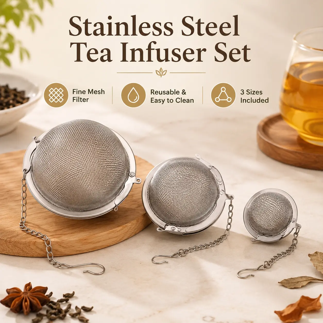Stainless Steel Tea Infuser Set, 3 Sizes Reusable Fine Mesh Tea Ball Strainers with Chain and Hook, Easy Clean Loose Leaf Tea Filter for Tea, Spices, Herbs, Seasoning and Daily Brewing