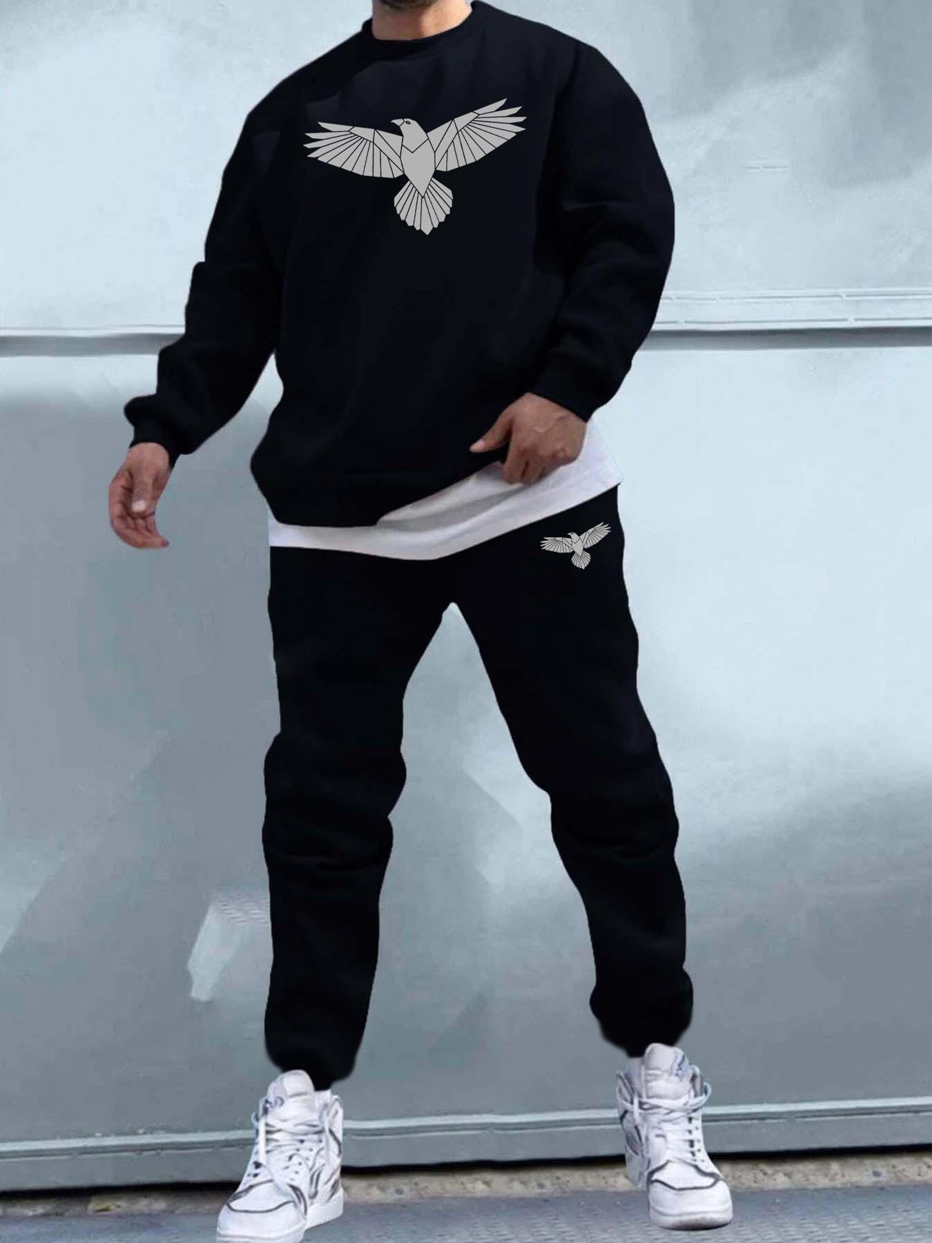 Men's Eagle Print Drop Shoulder Sweatshirt & Pocket Sweatpants Two-piece Set, Loose Casual Fashion Cozy Two Piece Outfits for Daily Outdoor Wear, Men's Clothing for Spring Fall