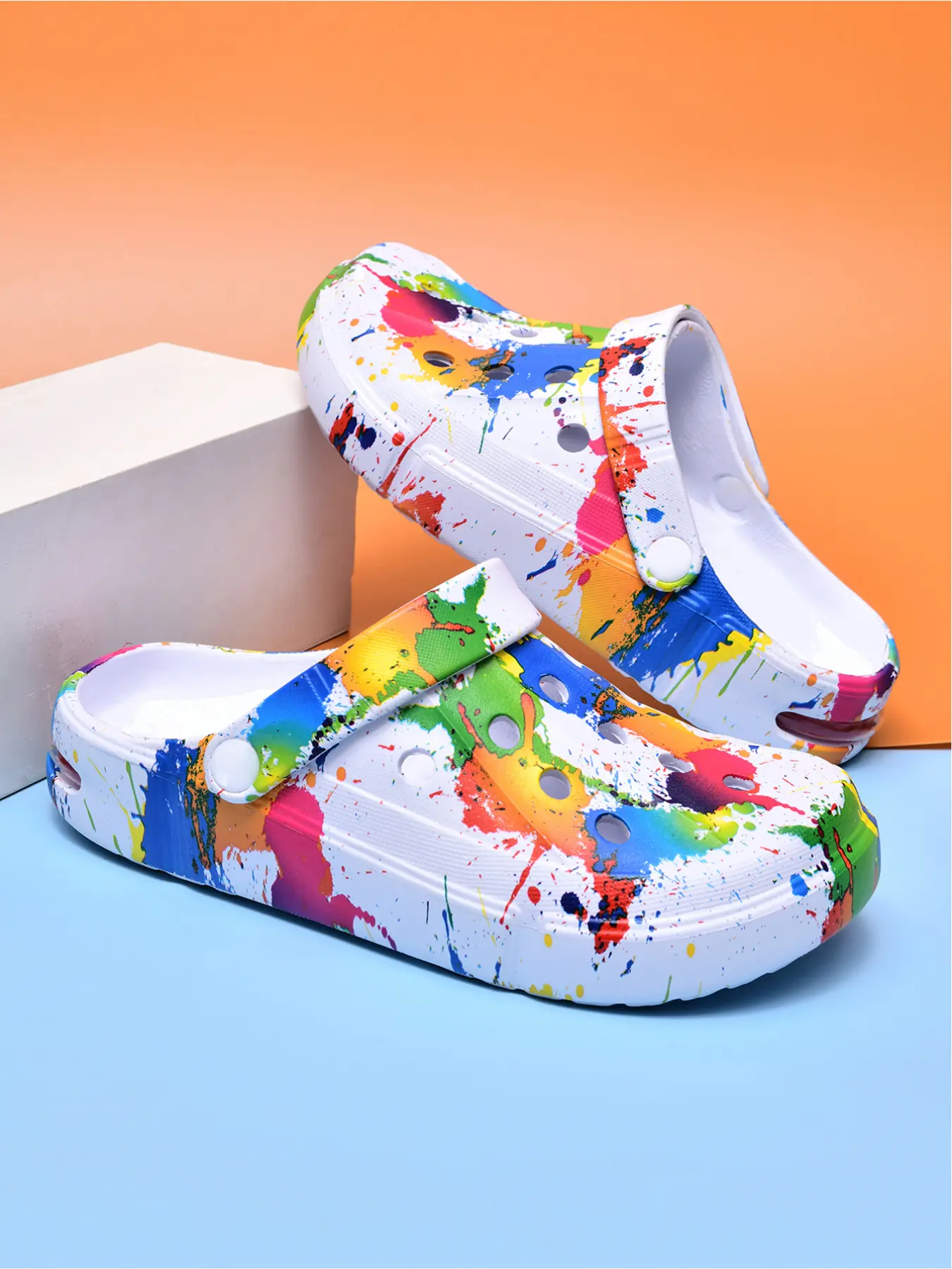 1 Pair Color Splash Ink Print Two-Wear Clogs Lightweight EVA Non Slip Closed Toe Slides Unisex Sandals for Beach Home Bathroom