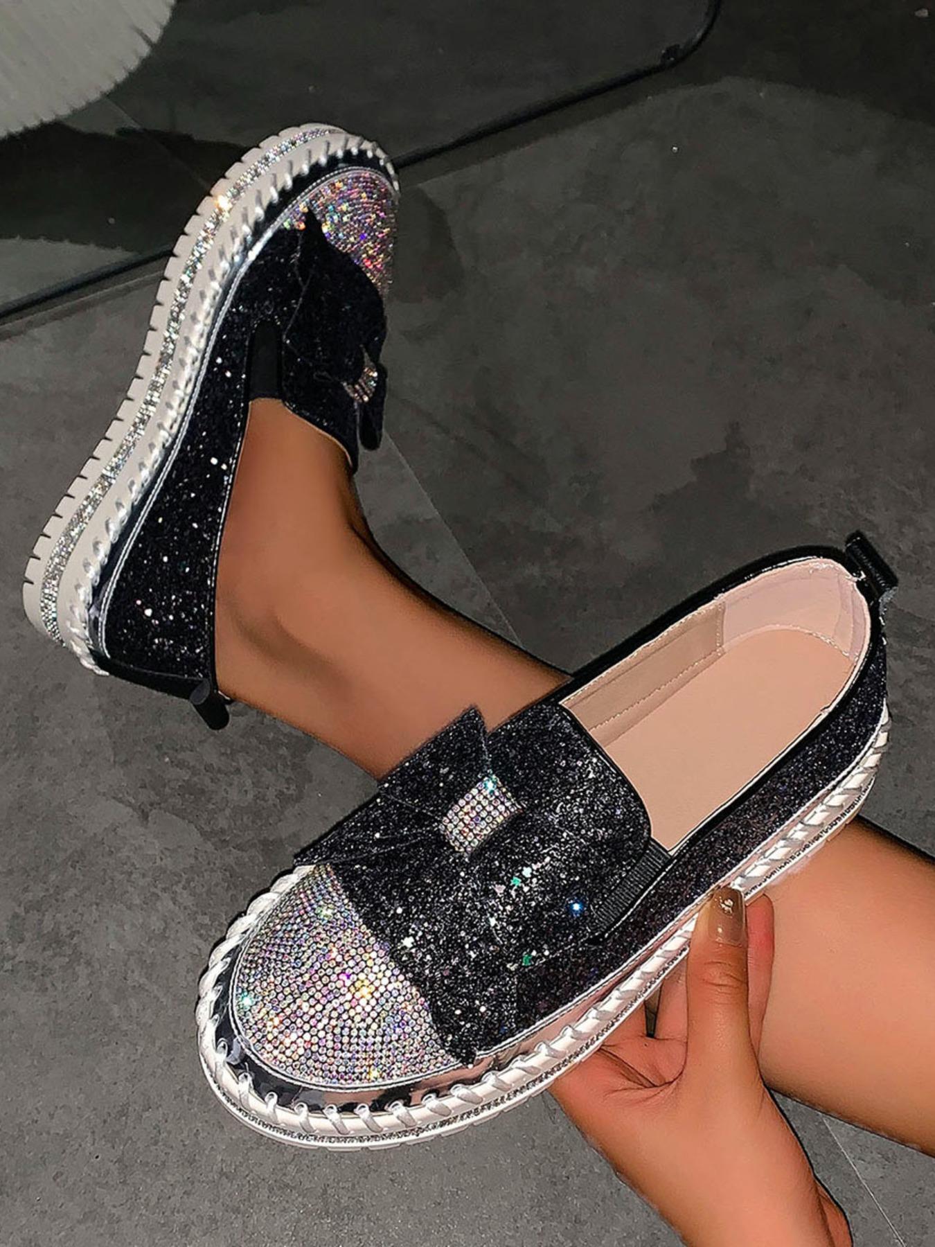 Women's Fashionable Contrast Sequin Bowknot Design Slip on Style Loafers, Elegant Comfort Flat Shoes for Daily Wear, Lightweight Breathable Shoes for Women & Girls