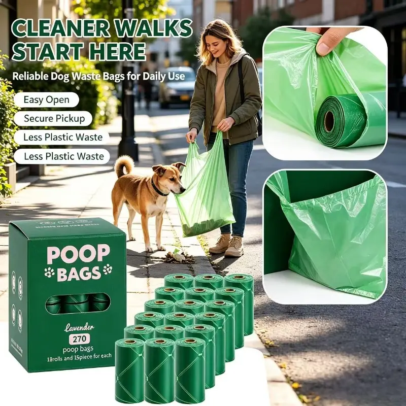 270 pieces 18 rolls biodegradable pet poop bags lavender scented thickened leak-proof dog waste bags removable labels outdoor walking dog cat litter bags 4 colors available