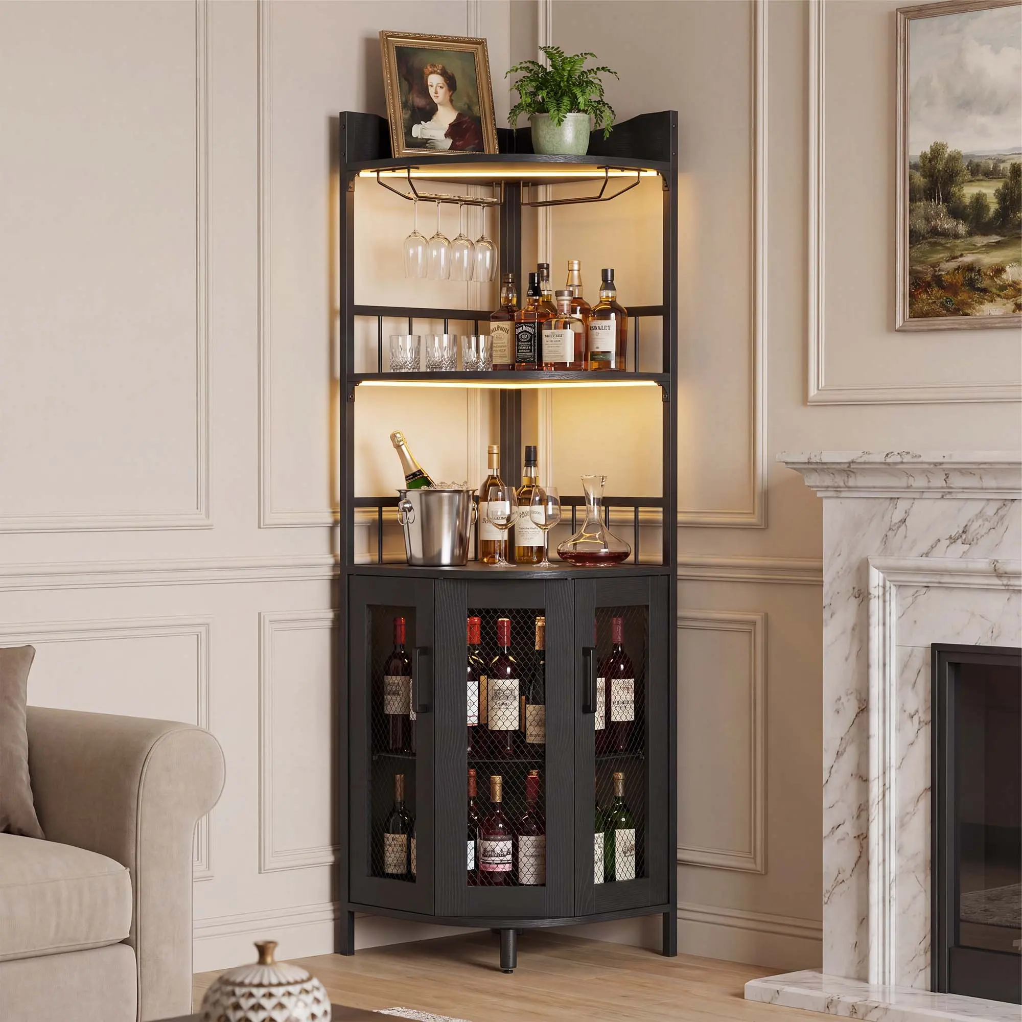 5-Tier Corner Bar Cabinet with Power Outlets & LED Lights – Industrial Wine & Liquor Storage for Small Spaces