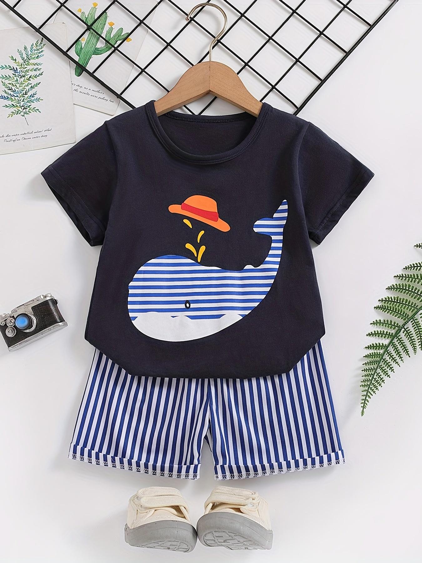 Boys' Casual Summer Outfit - Cute Cartoon Design with Whale & Hot Dog Graphic - Short Sleeve T-Shirt & Whale Shorts Set - Blue & White Striped Pattern - Regular Fit for Casual Attire - Boy Shorts - Everyday Kids Clothing - Playful Kids Fashion -