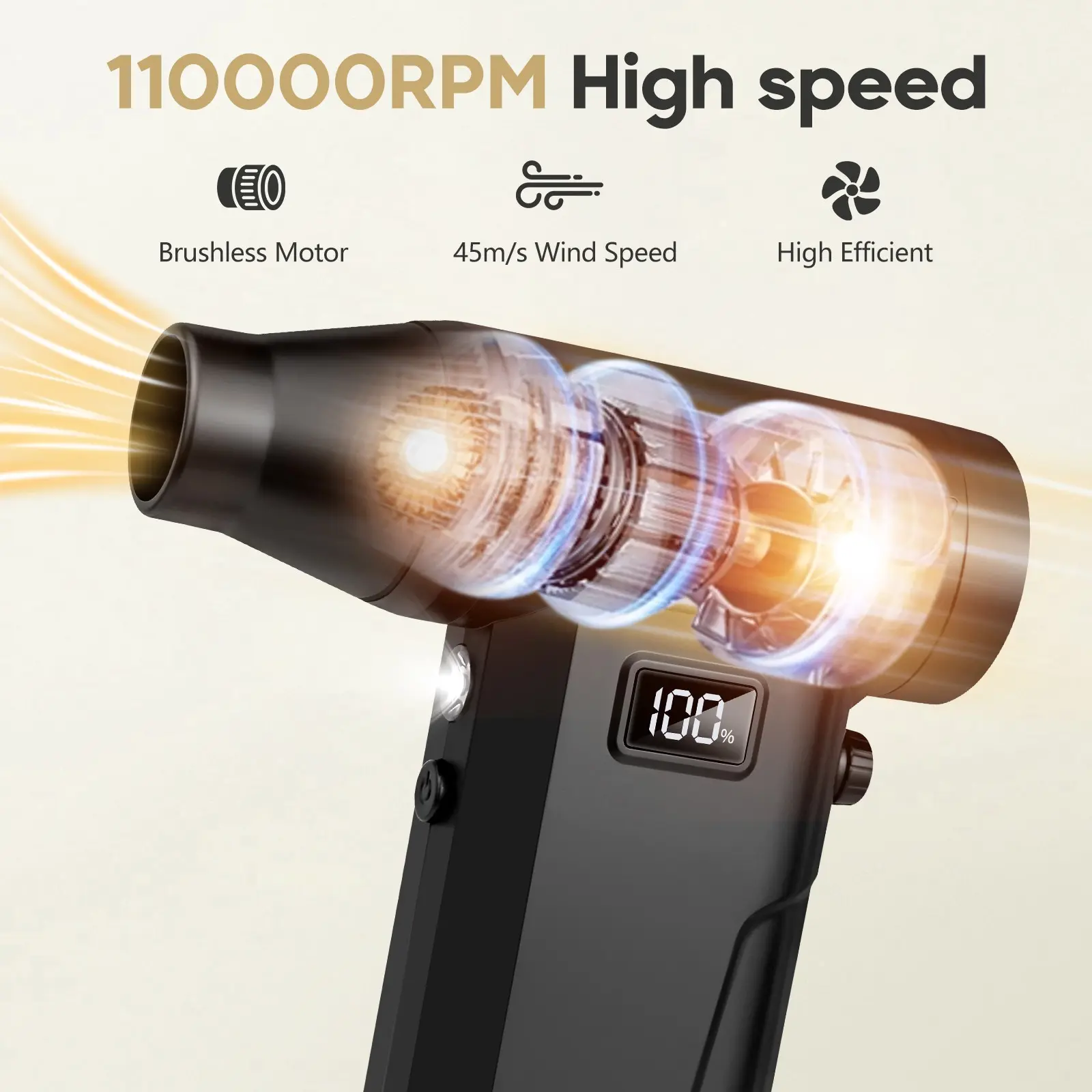 Rechargeable Turbo Jet Fan with Vacuum Attachment Kit, High Speed Blower, 110000RPM Brushless Motor Handheld Cordless Air Blower, 100-Speed Adjustable Car Dryer with LED Light and Battery Display for Dust Removal, Car Cleaning and Outdoor Use