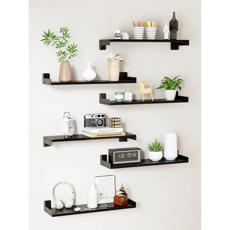 Floating Shelves for Wall, Shelves for Decor Storage Set of 6, Wall Mounted Wood Shelf for Bedroom, Living Room, Bathroom, Kitchen,Long Picture Ledge Shelves.(Black)