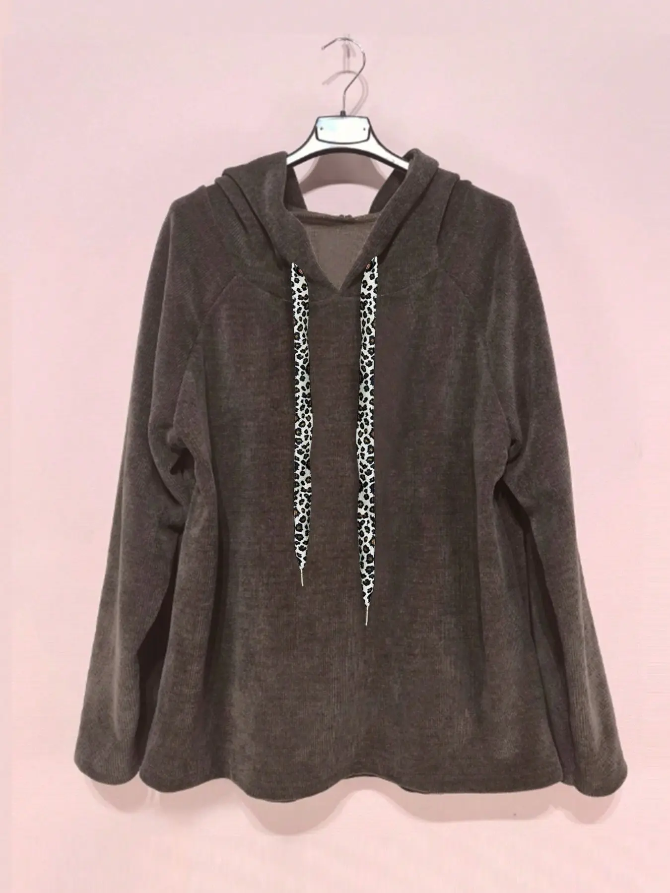 New Fall Winter Deep Coffee Hooded Pullover, Unique Leopard Print Drawstring, Loose Fit Slimming Long Sleeve Women's Top
