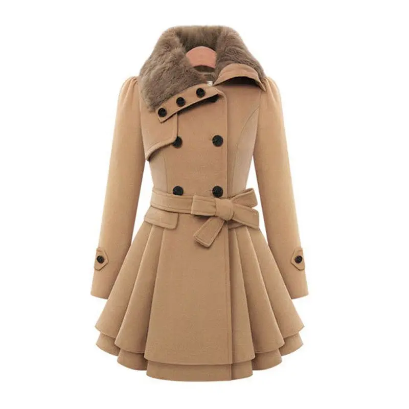 Women's wool coat with a large skirt and fur collar, a double-breasted wool trench coat for women, suitable for autumn and winter