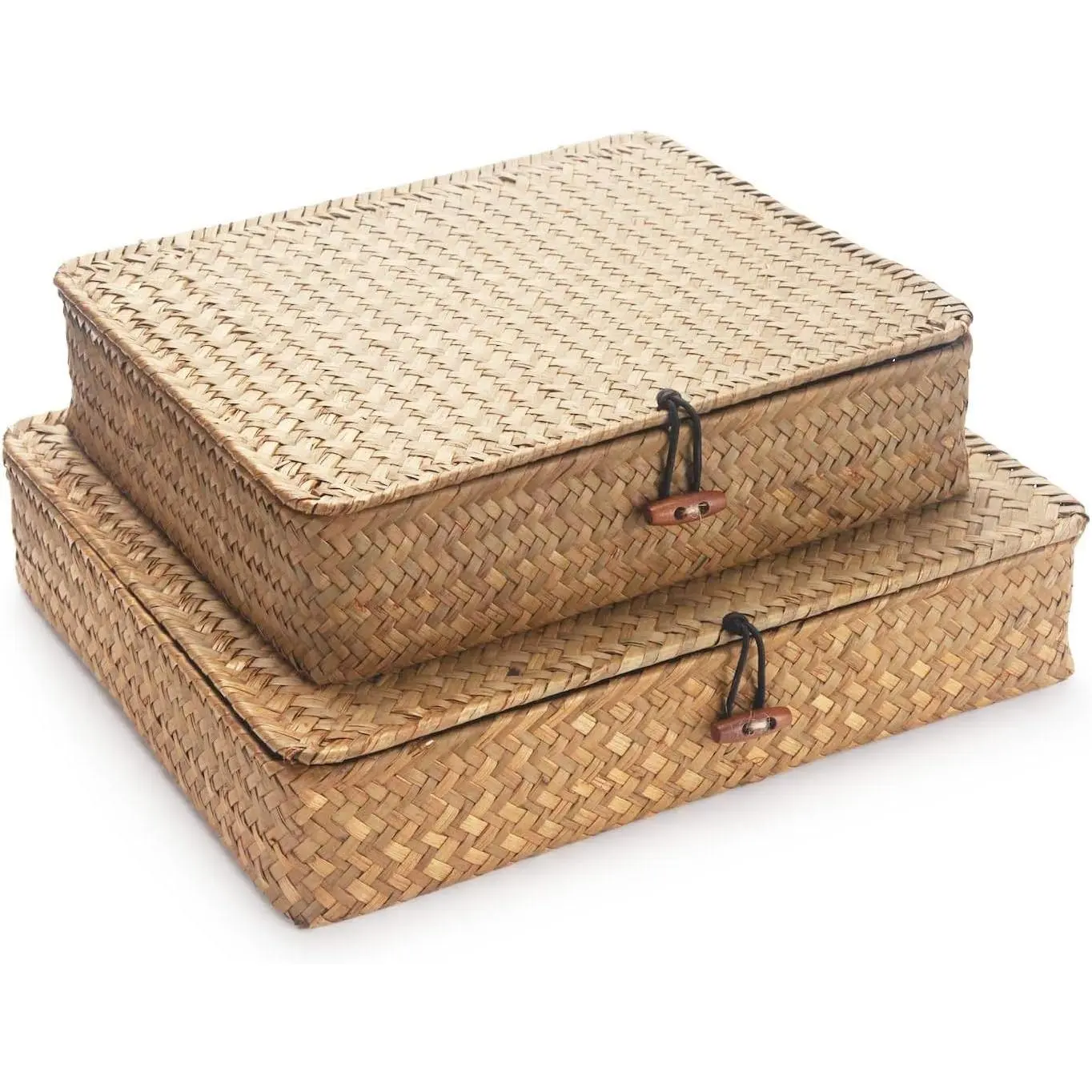 Seagrass Storage Baskets with Lids, Flat Wicker Basket, Shallow Woven Basket for Shelf, Decorative Storage Boxes for Organizing (Natural)