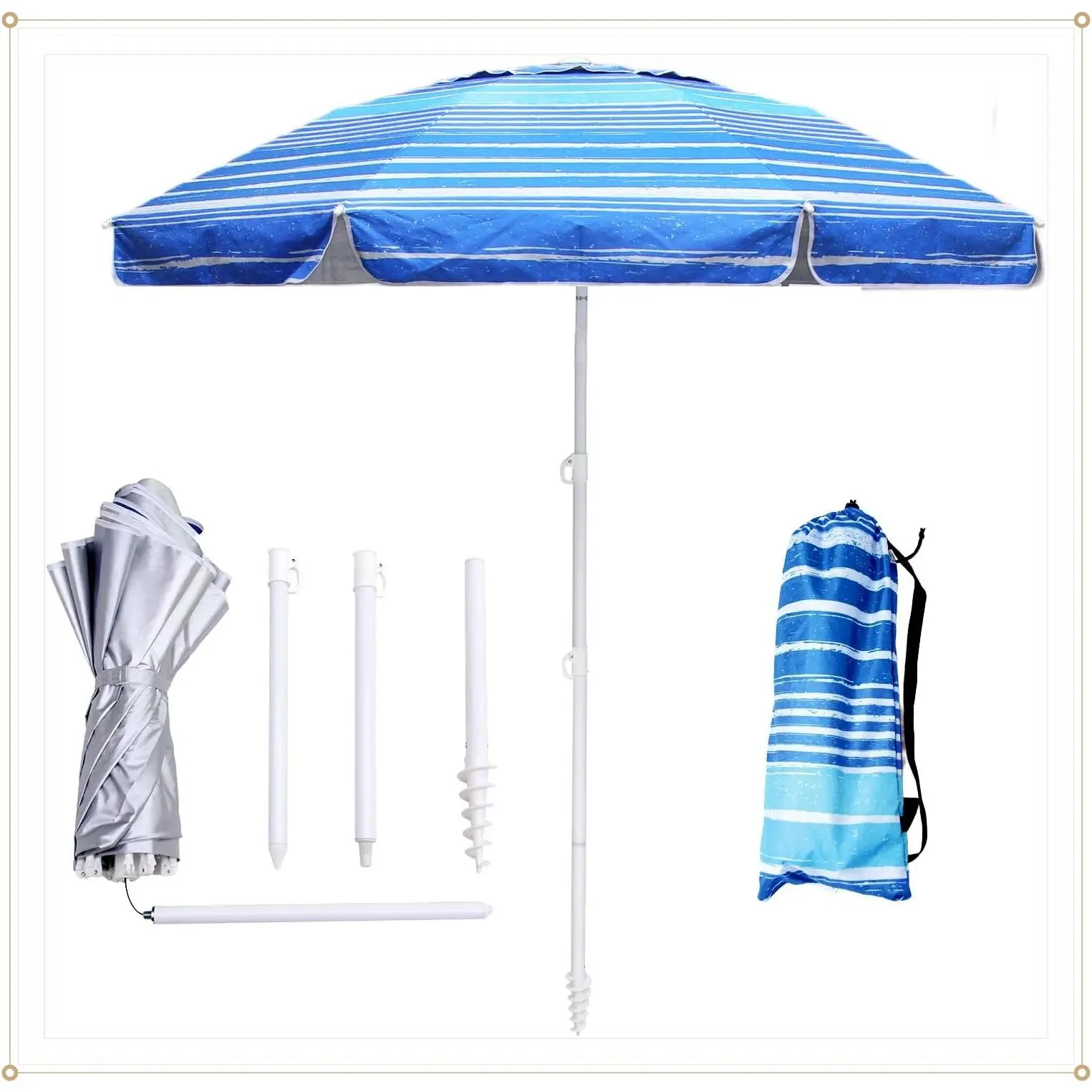 6ft Beach Umbrella - Heavy Duty Wind Resistant UV 50+ Portable Sun Shade with Sand Anchor & Carry Bag, Outdoor Folding Umbrella for Beach, Pool, Patio, Garden, Blue Stripe, No TiltGift