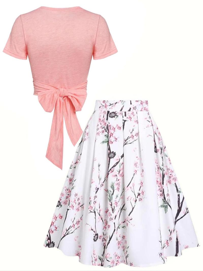 Women's Plain Top & Floral Print High Waist Skirt Two-piece Set, Casual Fashion Cozy Top & Skirt for Daily Outdoor Wear, Ladies Outfits for Summer