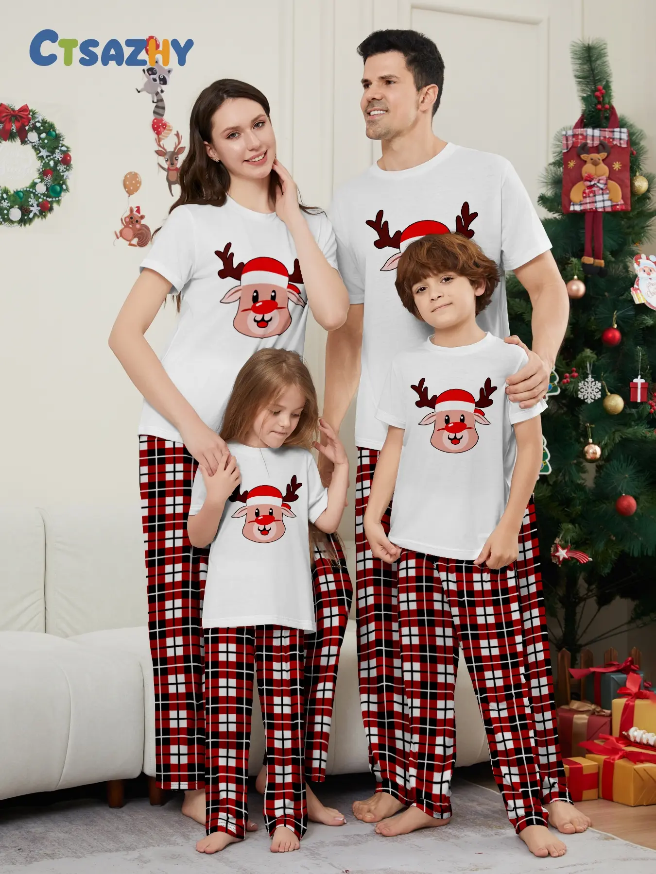 Family Matching Christmas Pajamas Set of 4 with Santa Hat Letter Print, Long Sleeve Top & Jogger Pants Two-piece Loungewear with Red Contrast Cuffs, Made of Soft Skin-friendly Breathable Knit Fabric. Ideal for Christmas Family Photoshoots, Holiday Party O