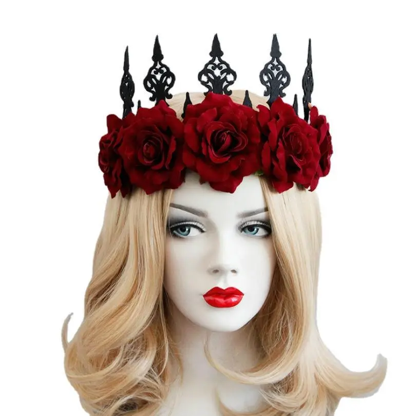 Red Rose Flower Hair Jewelry Crown Tiara For Women Gothic Female Wedding Hair Accessories Ornaments Princess Queen Head Jewelry