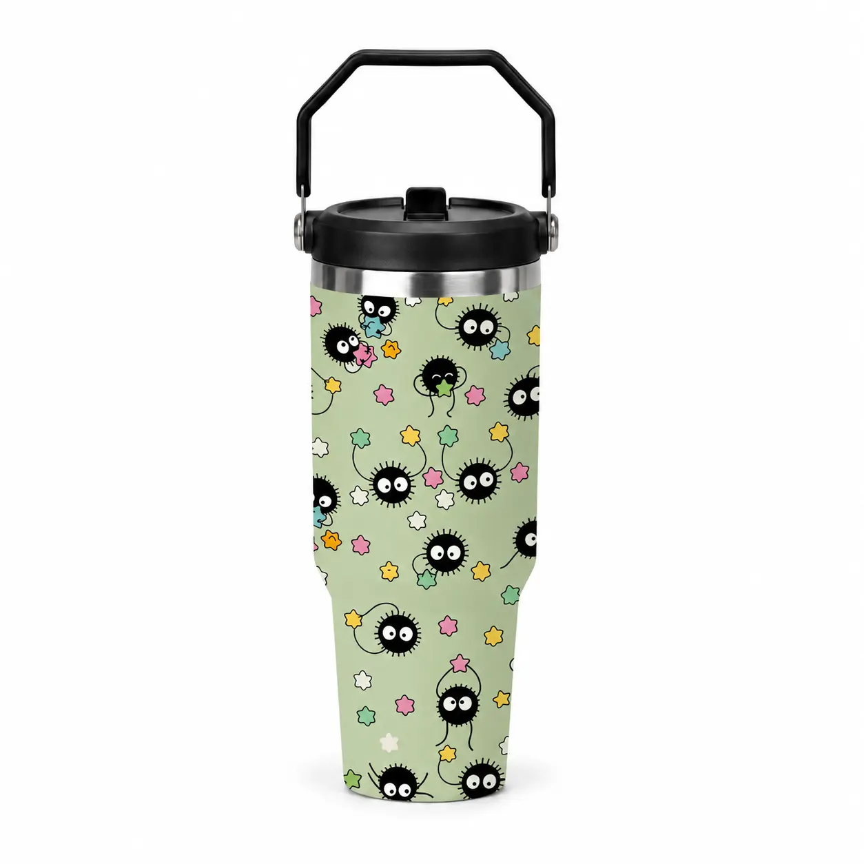 30oz Printed Stainless Steel Soot Sprite Tumbler - Cute Kawaii Anime Aesthetic Portable Flask, Black Drink Bottle with Handle, Straw Lid, Pastel Star Candy Pattern, Ideal Birthday Gift for Anime Fans