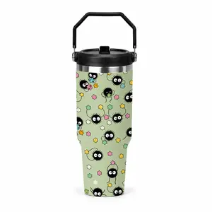 Cute Black Soot Sprite 30oz Stainless Steel Tumbler with Handle, Kawaii Anime Aesthetic Travel Cup with Straw Lid, Pastel Star Candy Pattern Coffee Mug, Perfect Birthday or Christmas Gift for Anime Fans, Teens and Women