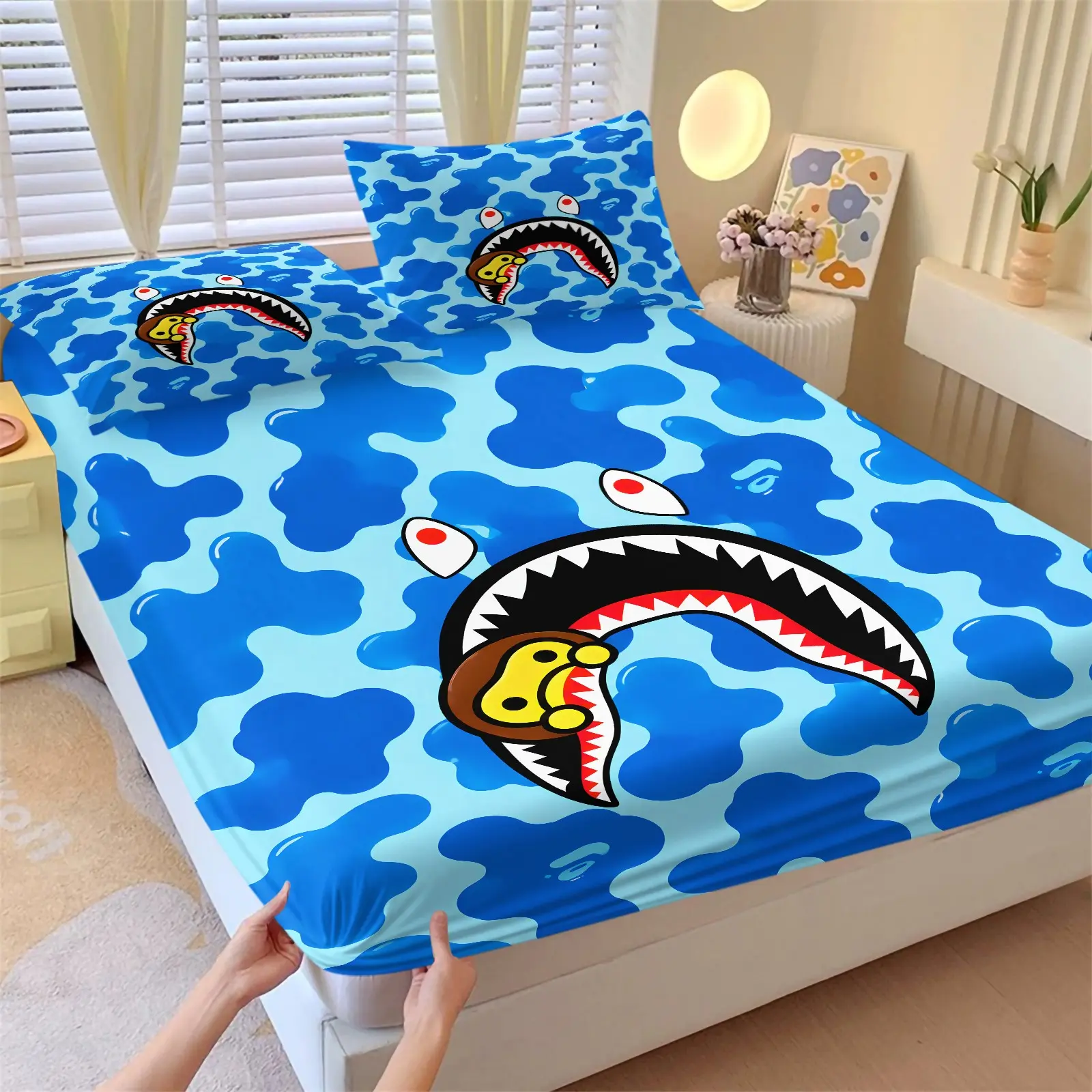 Cool Blue Camo Shark Mouth Fitted Sheet Set, 1 Mattress Cover + 2 Pillowcases, Cartoon Monkey Trendy Print Bedding, Soft Non-Slip Deep Pockets, Hip-hop Street Style Teens Bedroom Dorm Gaming Room Decor