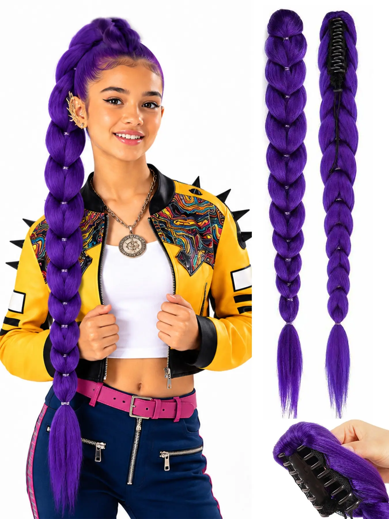 1pcs 24 Inch Rumi Purple Braiding Hair with Claw Clip, Segmented Pre-Braided Synthetic Purple Hair Extensions for Girls, Halloween Party Cosplay & Daily Play(Claw Clip Braid)