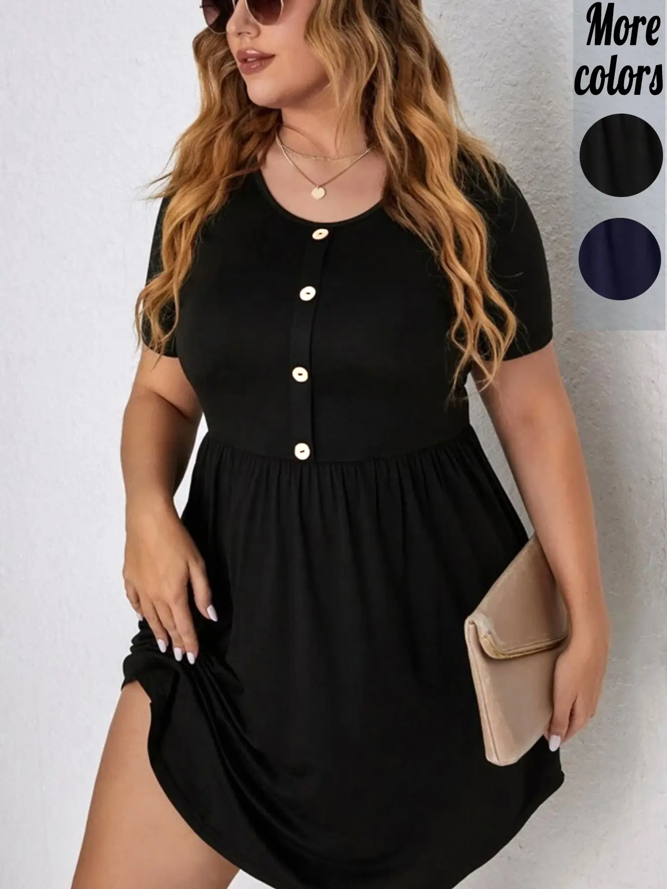 Plus‑Size, Fit 1 Piece Round Neck Short Sleeve Fake Button Front Gathered Waist Swing Mini Dress, Casual Streetwear Style, Soft Stretchy Breathable Fabric & Loose Flowy A‑Line Skirt Detail, For Curvy Women, Perfect for Brunch Dates, Weekend