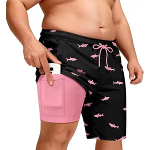Big and Tall Men's 10'' Swim Trunks with Compression Liner Quick Dry Bathing Suit Summer Beach Shorts, Black Pink Shark 4XL