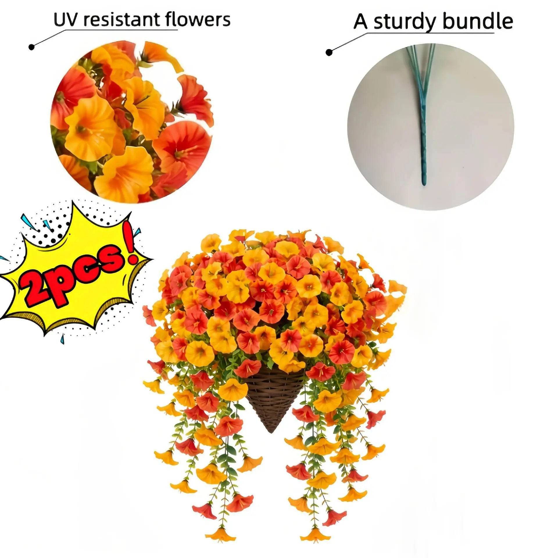 Two Bouquets of Morning Glory Flowers with Hanging Basket, Outdoor Garden Decor, Artificial Eucalyptus Flower Wall Mount, Climbing Snapdragon Simulation