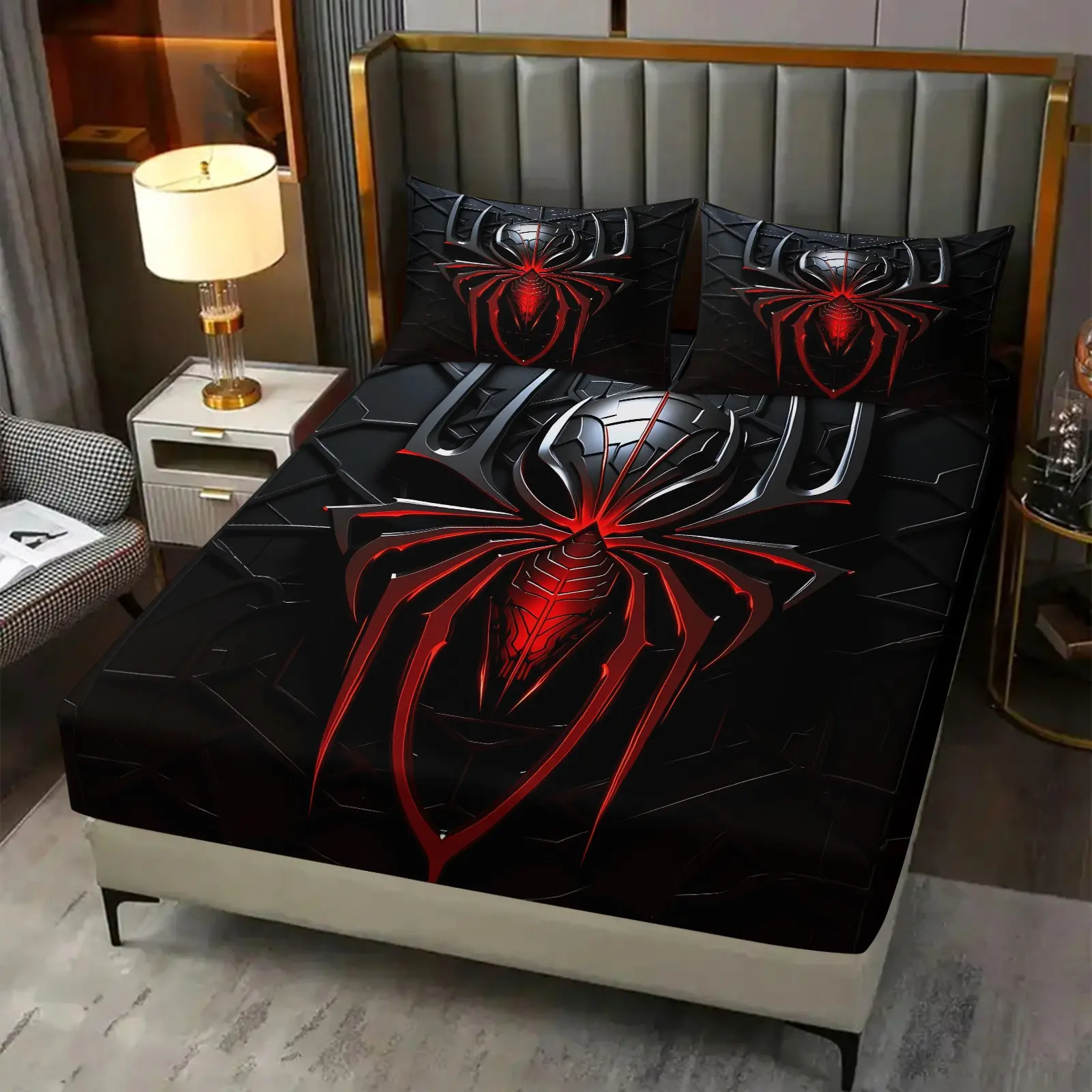 Spider Pattern Fitted Sheet Set, 3Pcs Digital Print Bedding Set, All-Round Deep Pocket Fitted Sheet, Machine Washable, Cool Spider Themed Bed Linens for Boys Teen Men Bedroom Decor. 2 Pillowcase, No Filling