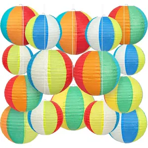 Beach Ball Paper Lanterns, Pool Party Decorations, 16 count Colorful 8" & 10"  Lanterns for Summer Party, Beach Birthday Party, Classroom & Office Decor
