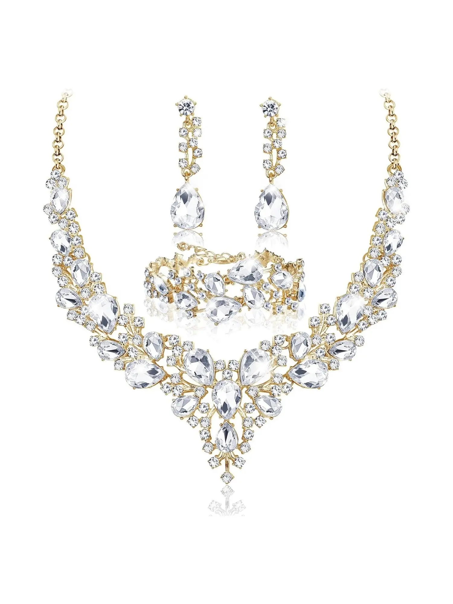 Gorgeous 4 Pcs Silvery Golden Shining Wedding Bridal Jewelry Set for Women Men Rhinestone Teardrop Cluster Statement Necklace Dangle Earrings Bracelet Alloy Jewelry Set for Wedding Party Dress Prom Elegant Jewelry Set Necklaces Earrings Set
