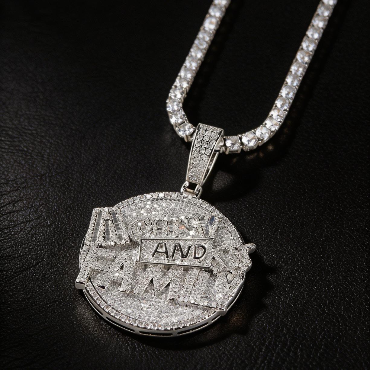 Copper Money & Family Letter Round Pendant Necklace with 5A+ Moissanite for Unisex, Miami - Inspired Luxury Daily Jewelry, Ideal Gift, Hip - Hop Style
