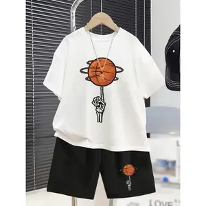 Basketball-Themed Casual Summer Short-Sleeved Set for Teenage Boys, Stylish Spring/ Summer Shorts (Additions Not Included in The Set), for Outdoor