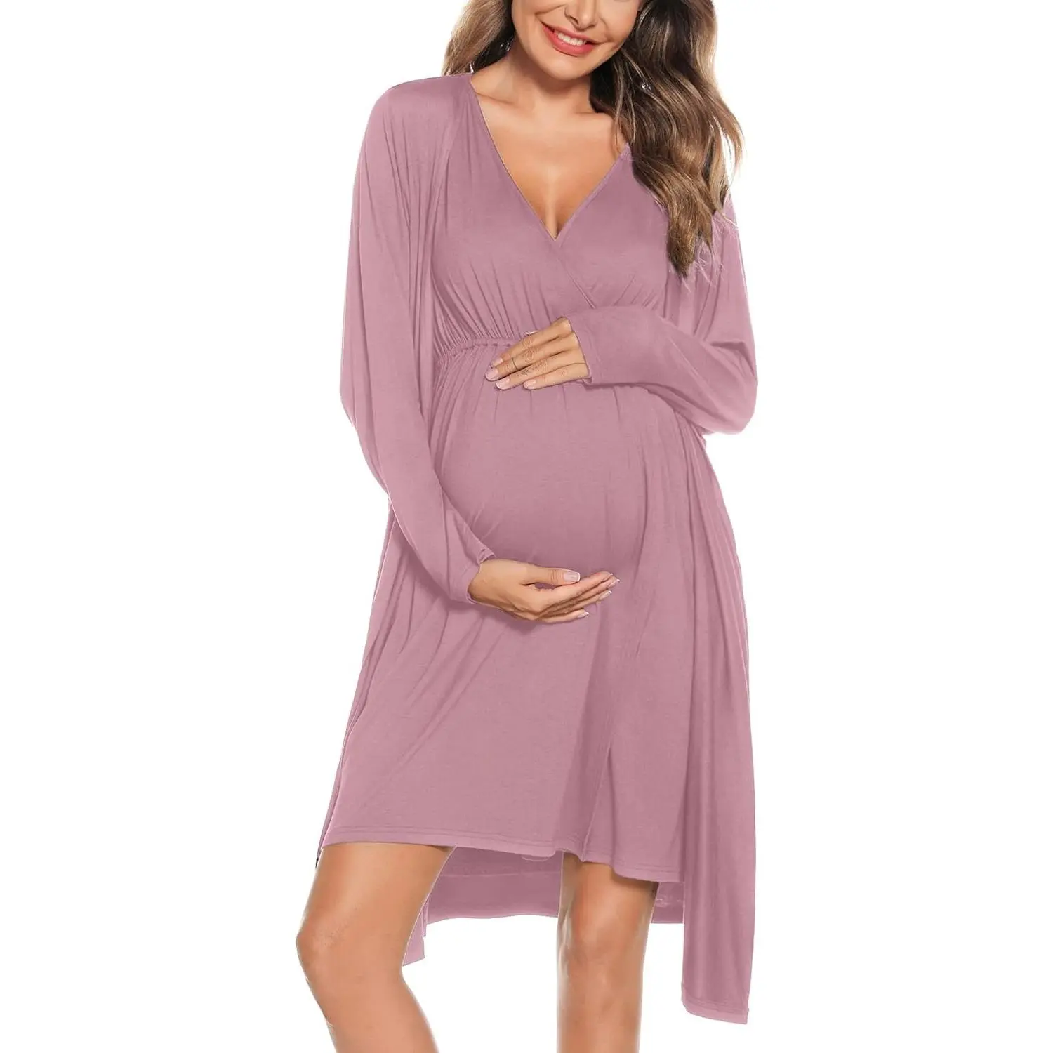Women Maternity Nursing Gown and Robe Set 3 in 1 Labor Delivery Nursing Nightgown for Breastfeeding Hospital Bathrobe(Gift)