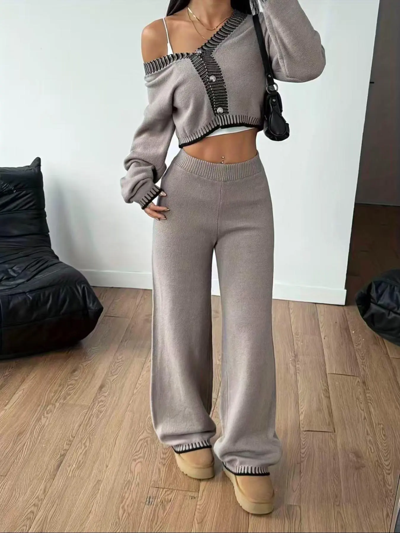 Two-Piece Elegant Women's Clothing Set, V-Neck Long Sleeve Knit Top and Baggy Pants, Casual Fall Winter, Comfortable Daily Wear
