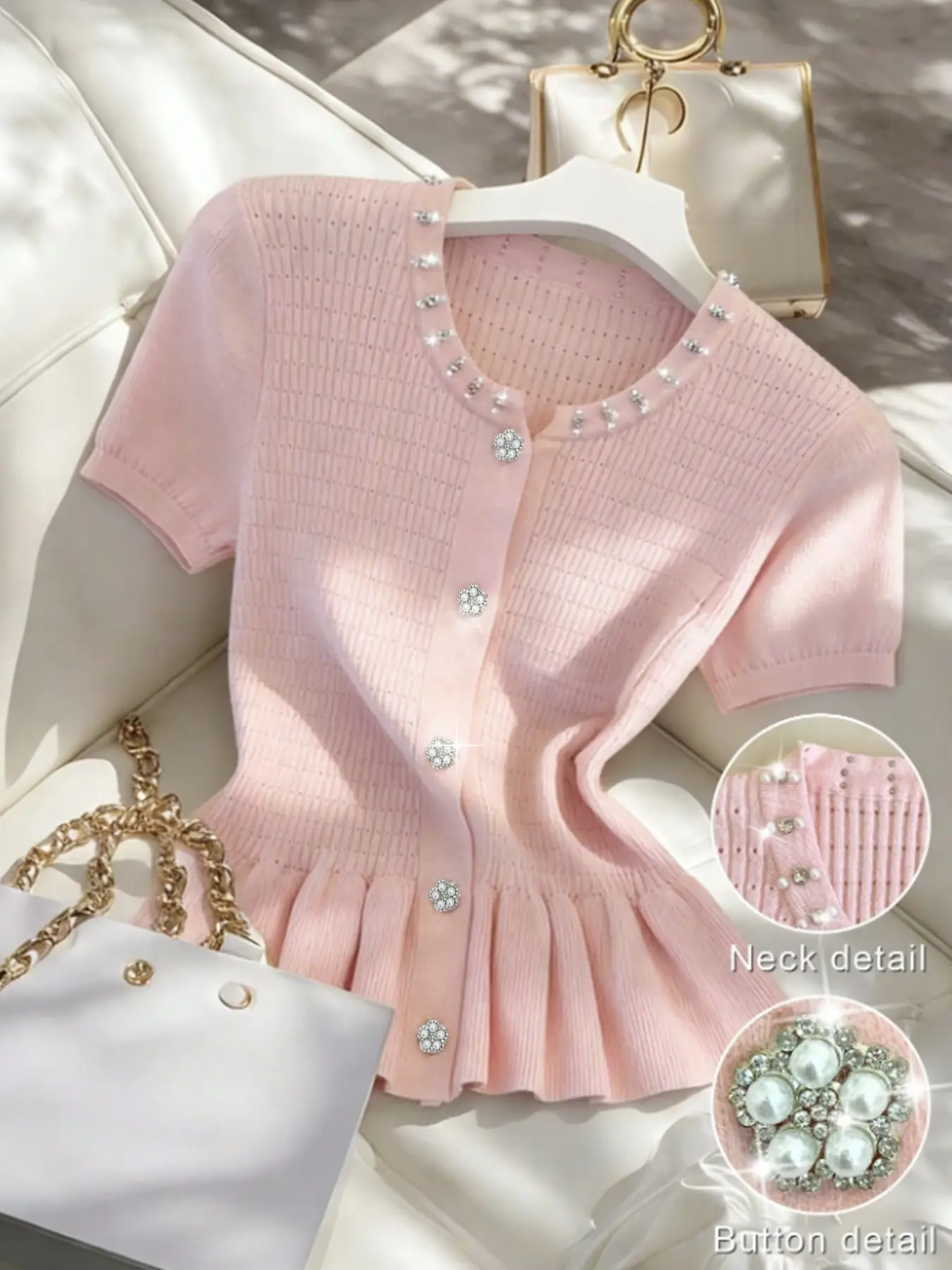 Pearl Beaded Peplum Top Short Sleeve Pink Knit Cardigan Coquette Casual Elegant Ribbed Slim Fit Short Sweaters Jeweled Button