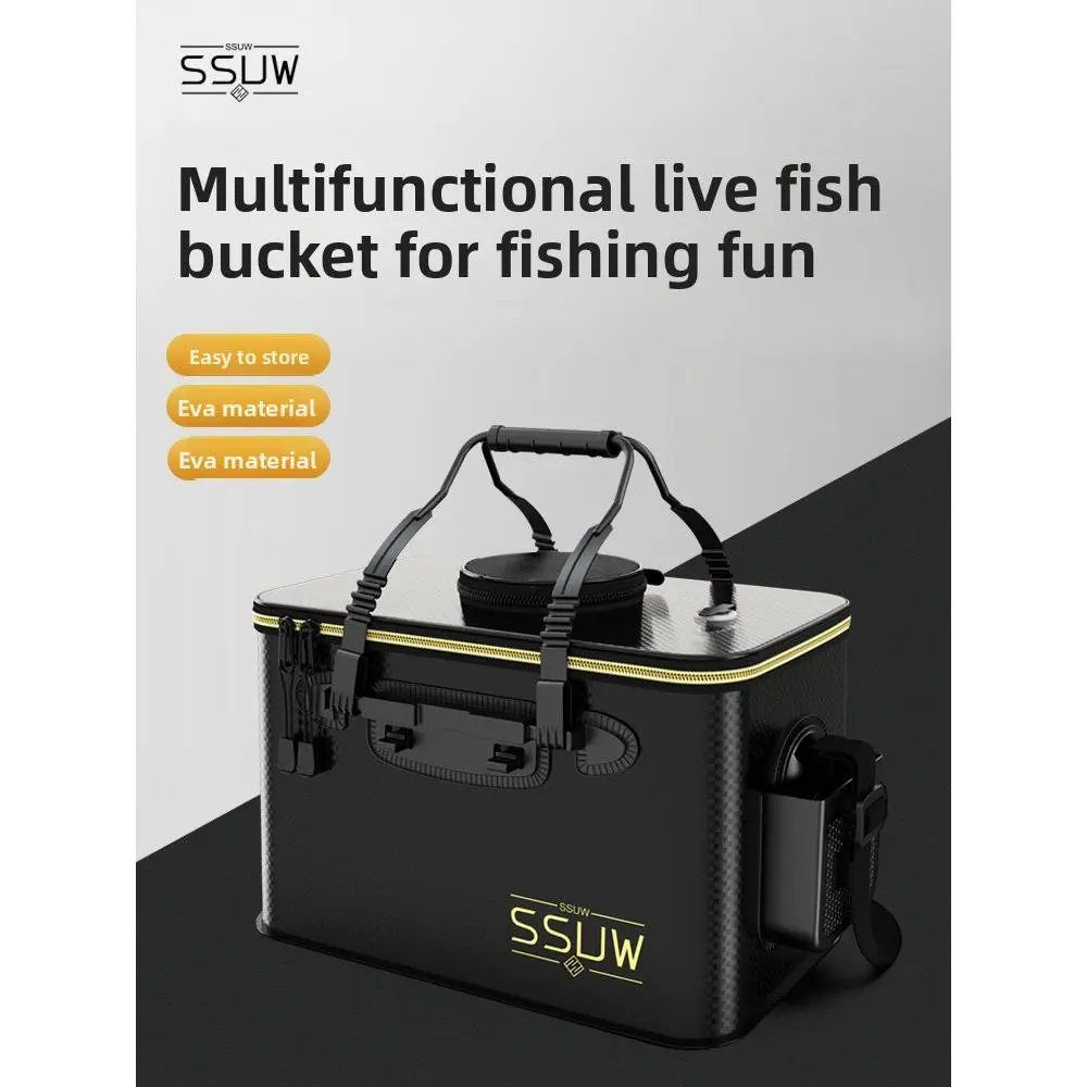 Portable Large-Capacity EVA Fishing Bucket, Multi-Functional Live Bait Tank & Cooler with Guard for Fishing Tackle Storage